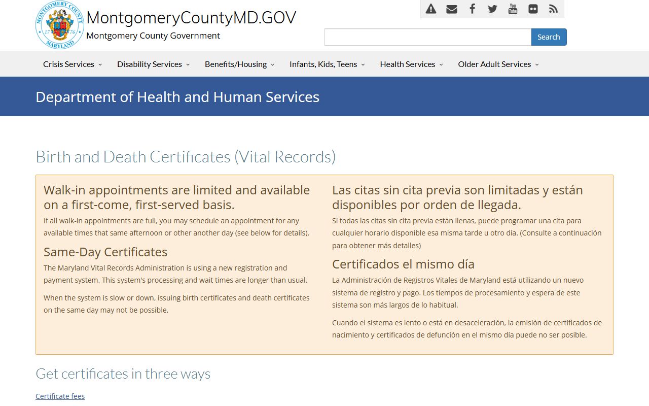 Montgomery County vital records page serving Aspen Hill birth records requests