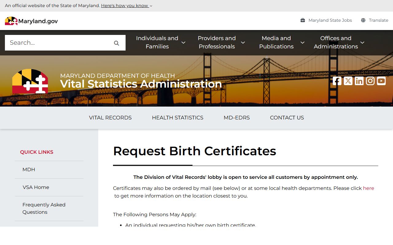 Maryland Division of Vital Records birth certificate page for Dundalk birth records