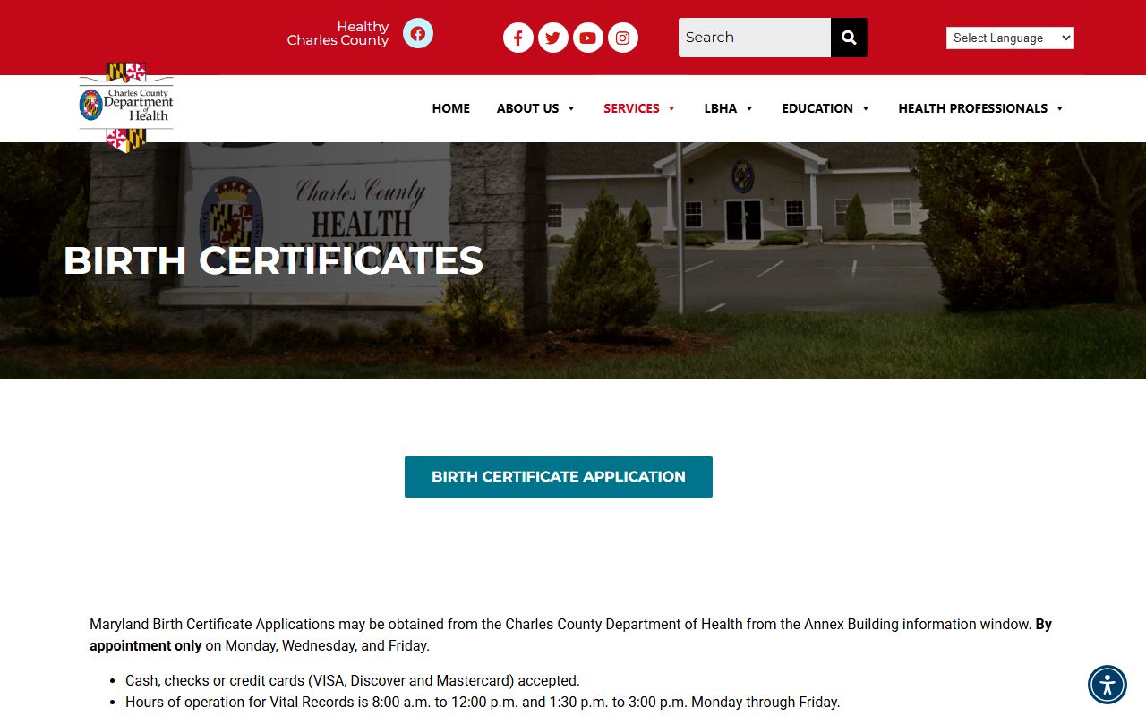 Charles County Health Department birth certificates page for Waldorf birth records