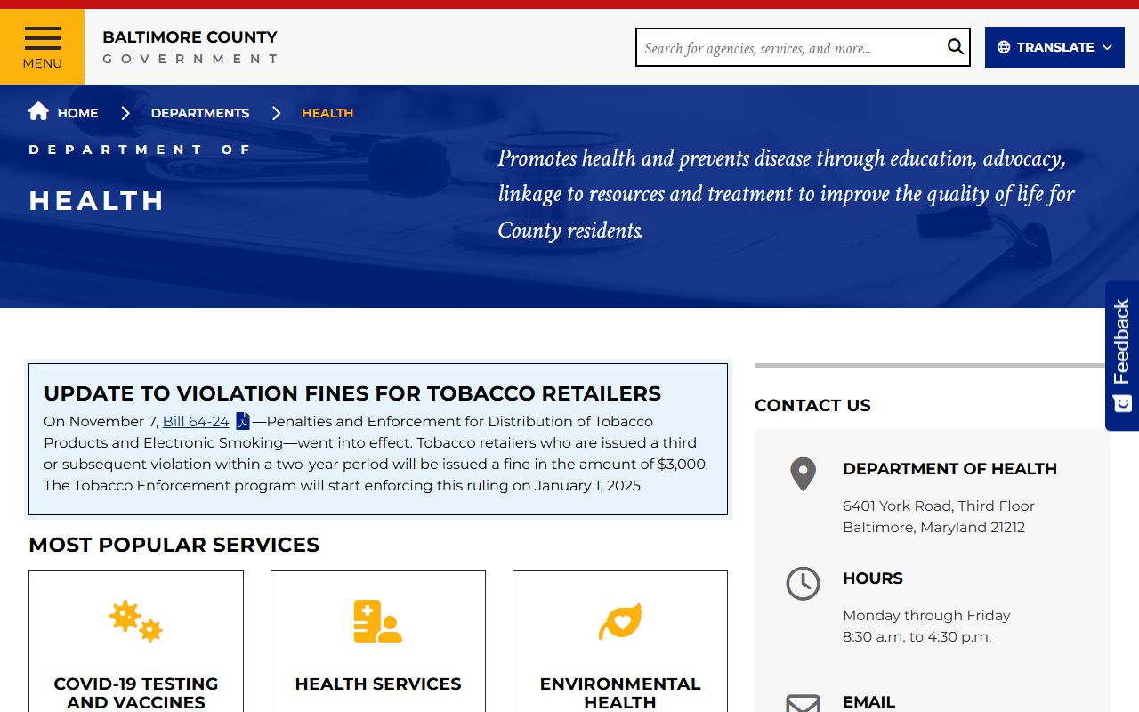 Baltimore County Health Department website for Baltimore County birth records information