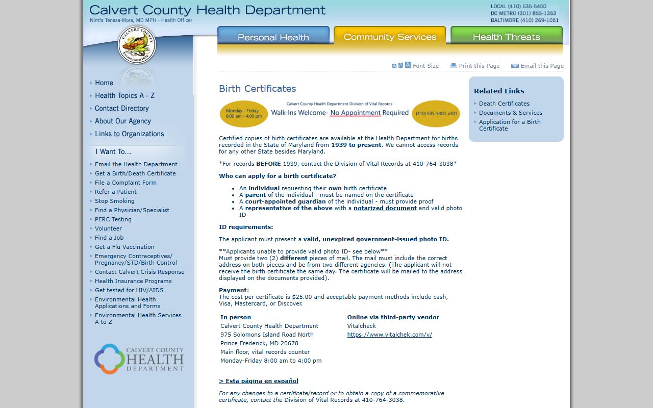 Calvert County Health Department birth certificate information page for Calvert County birth records
