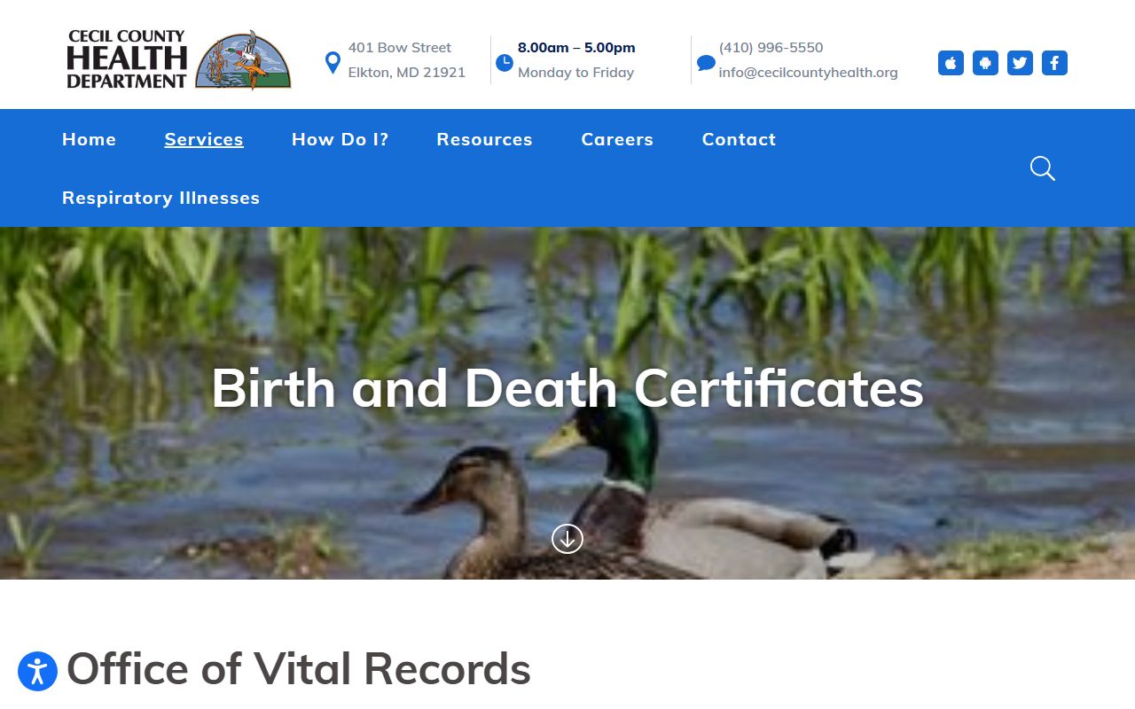 Cecil County Health Department vital records page for birth certificates in Cecil County