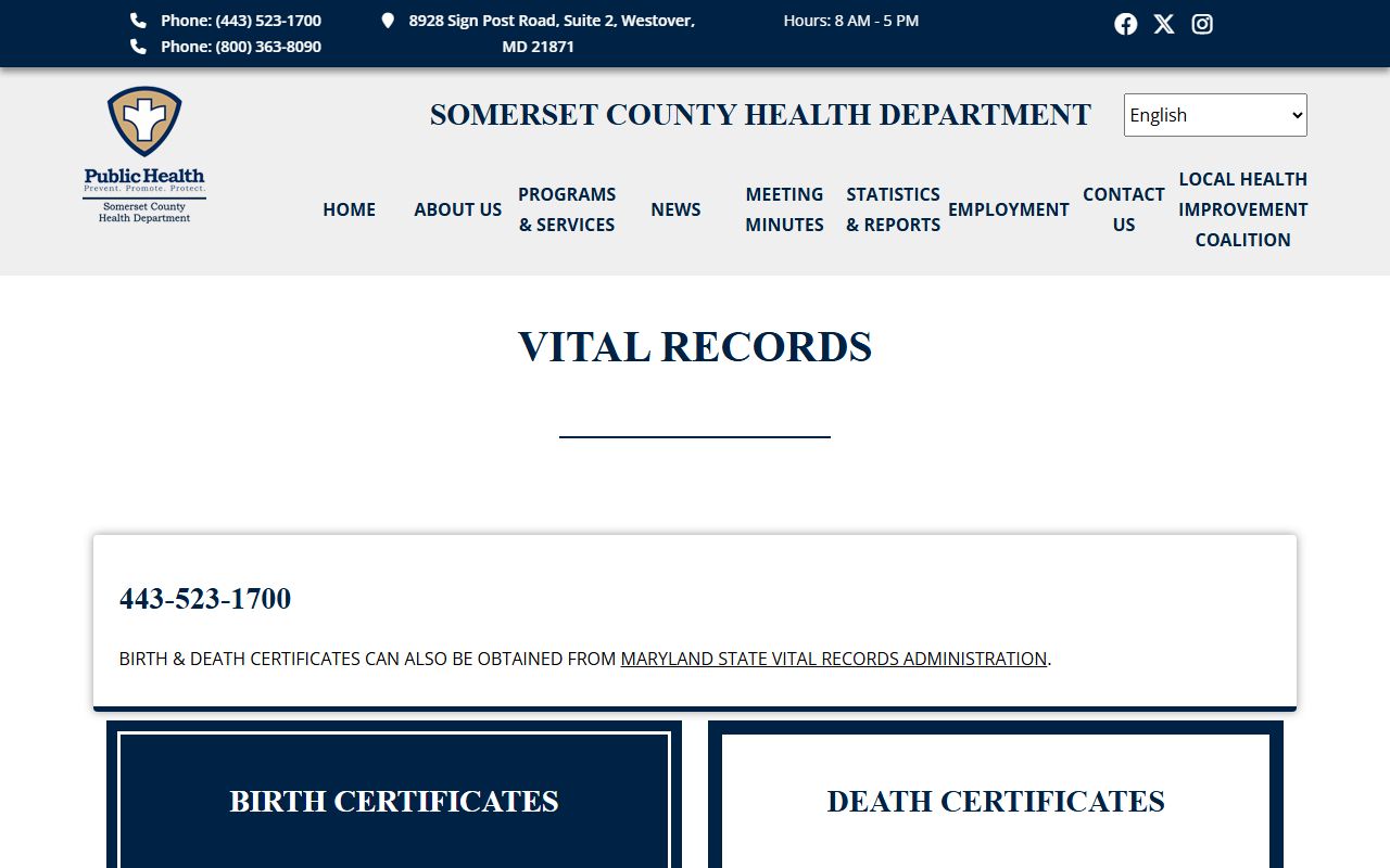 Somerset County Health Department vital records page for birth certificates in Somerset County