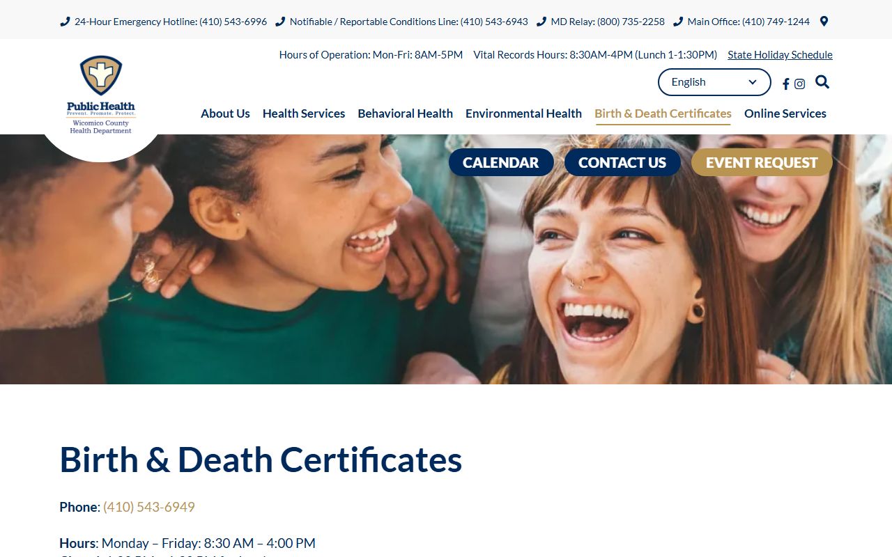 Wicomico County Health Department birth and death certificates page for Wicomico County birth records