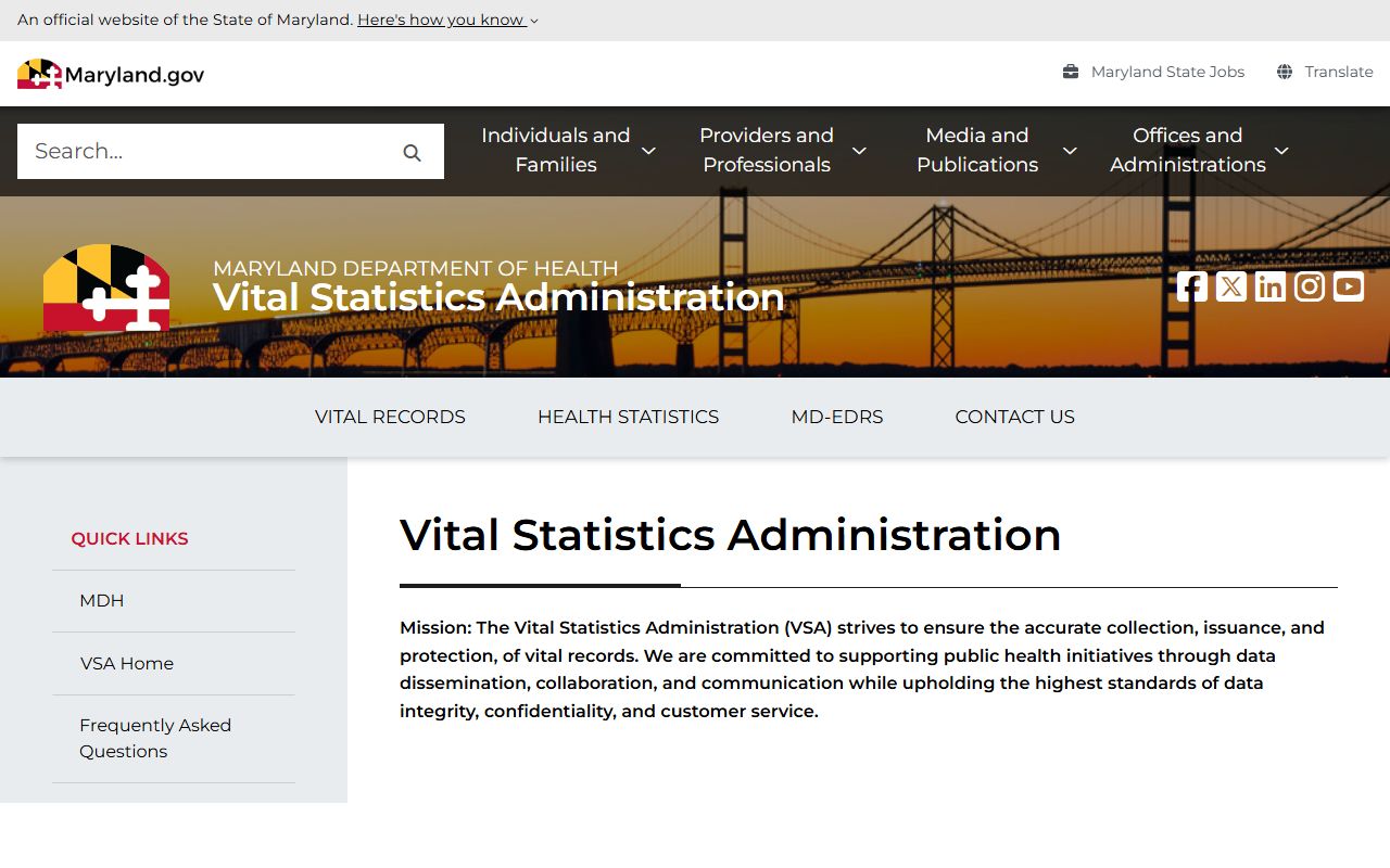 Maryland Department of Health Vital Statistics Administration homepage for Maryland birth records